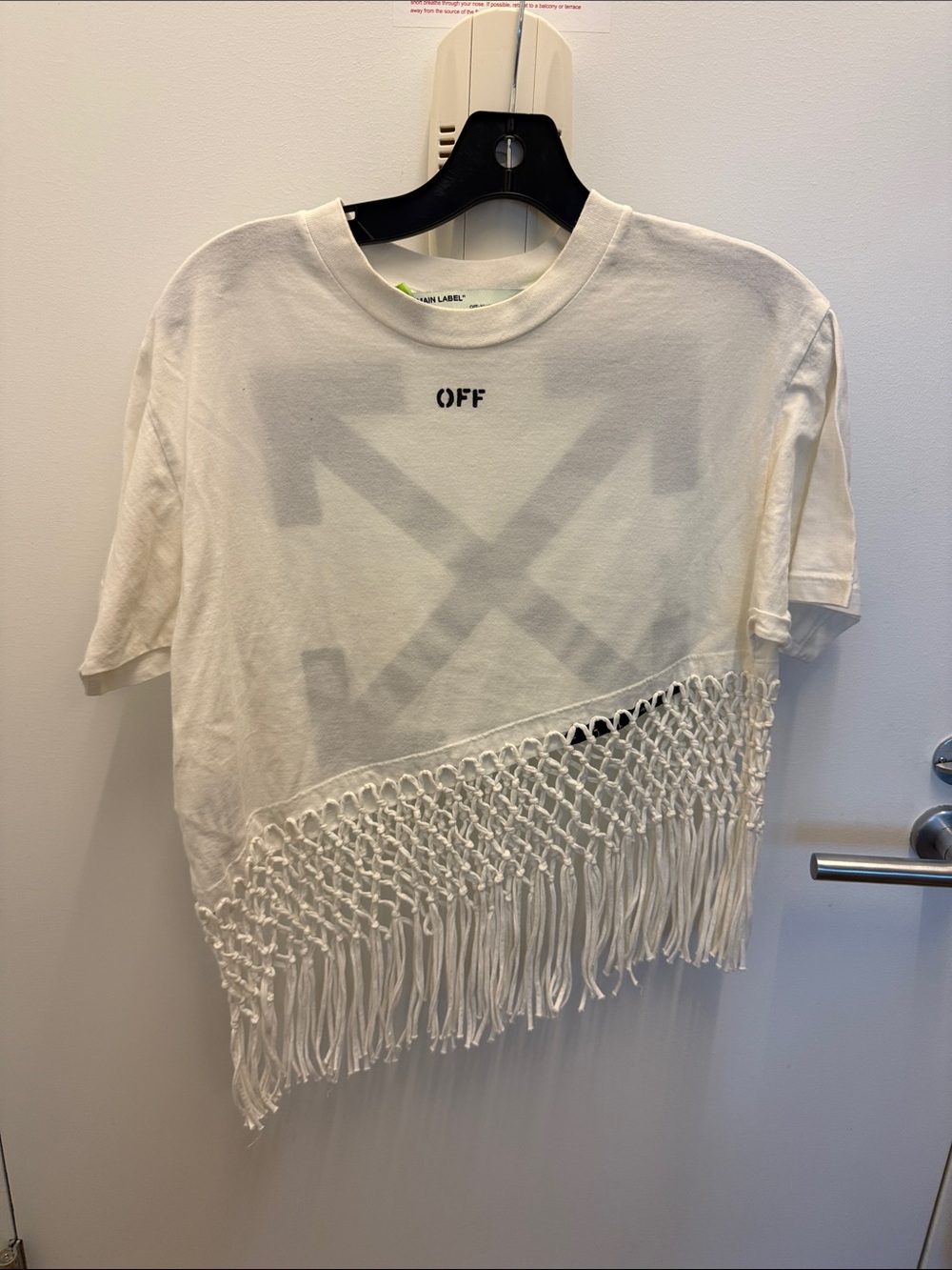 Off-White White Cropped Tee with Diagonal Fringe